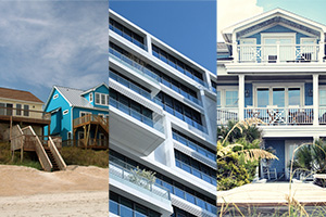 Triptych of homes available in Ortley Beach real estate including a raised beach home, a condo high-rise and a multi-family home