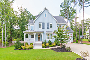 Blue house with beautiful landscape care for by tree company in Smithville